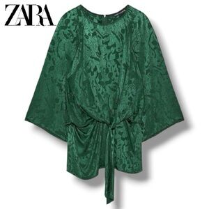 ZARA Woman Blouse Knotted Emerald Green Jacquard Satin Tie Waist Keyhole | Sz L